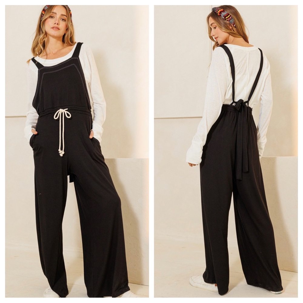 07 Fabulous Ribbed Knit Wide Leg Tie at Waist Jumpsuit - Picture 2 of 3